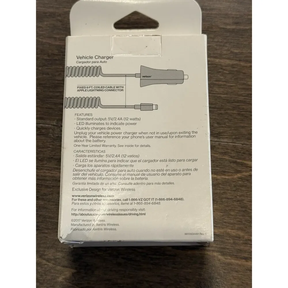 Verizon black 2.4A Coiled Lighting Car Charger for Apple Devices VPC24LGHT-M New